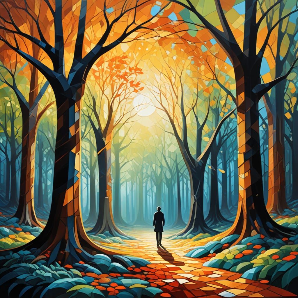 Magical Forest: Cubist Oil Painting with Glowing Tree