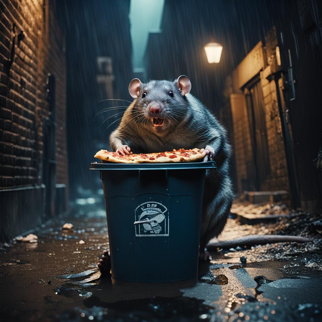 Sad Fat Rat Eating Pizza: Cinematic Film Still