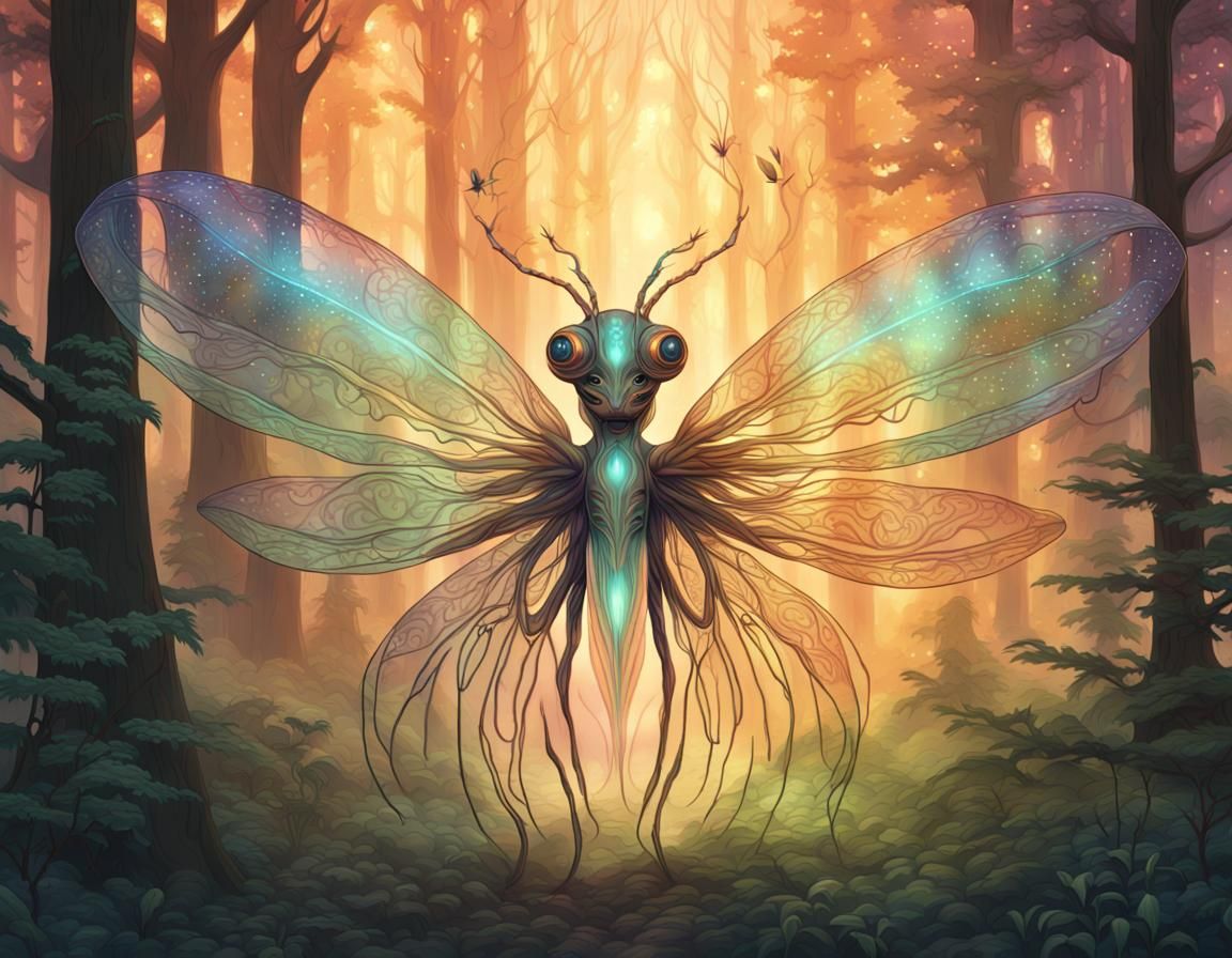 Ethereal Firefly Alien in Vibrant Forest Illustration