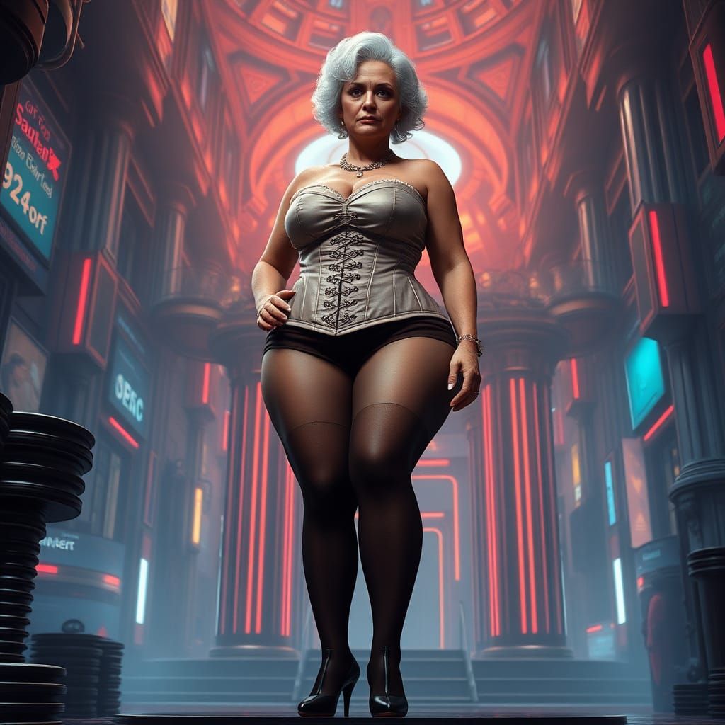 Confident Grandmother in Corset: Hyper-Realistic Digital Art