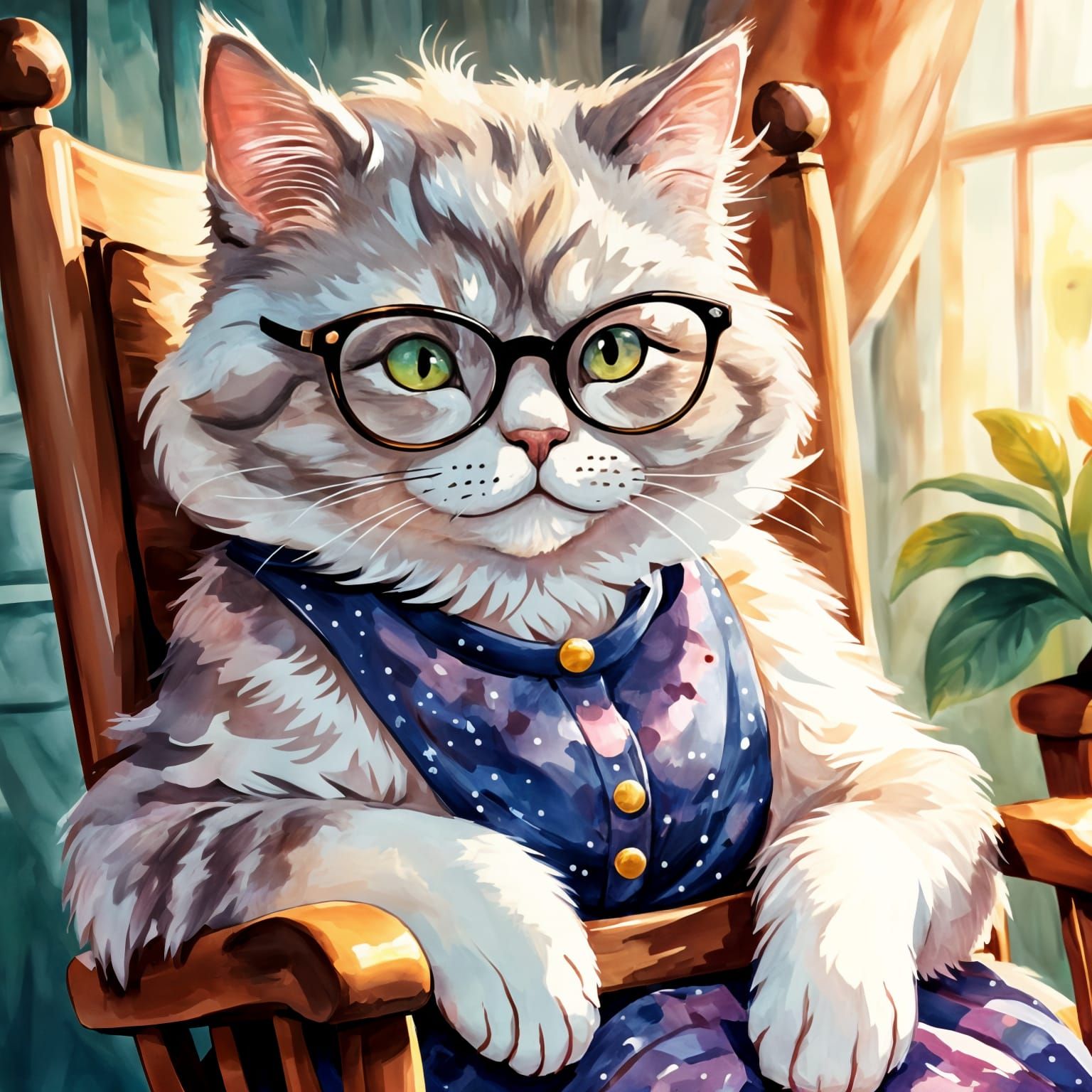 Grandma Cat in Rocking Chair Portrait