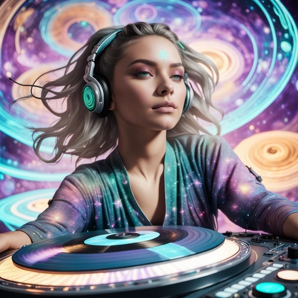 Cosmic DJ in Astral Expanse: Mixed Media Illustration