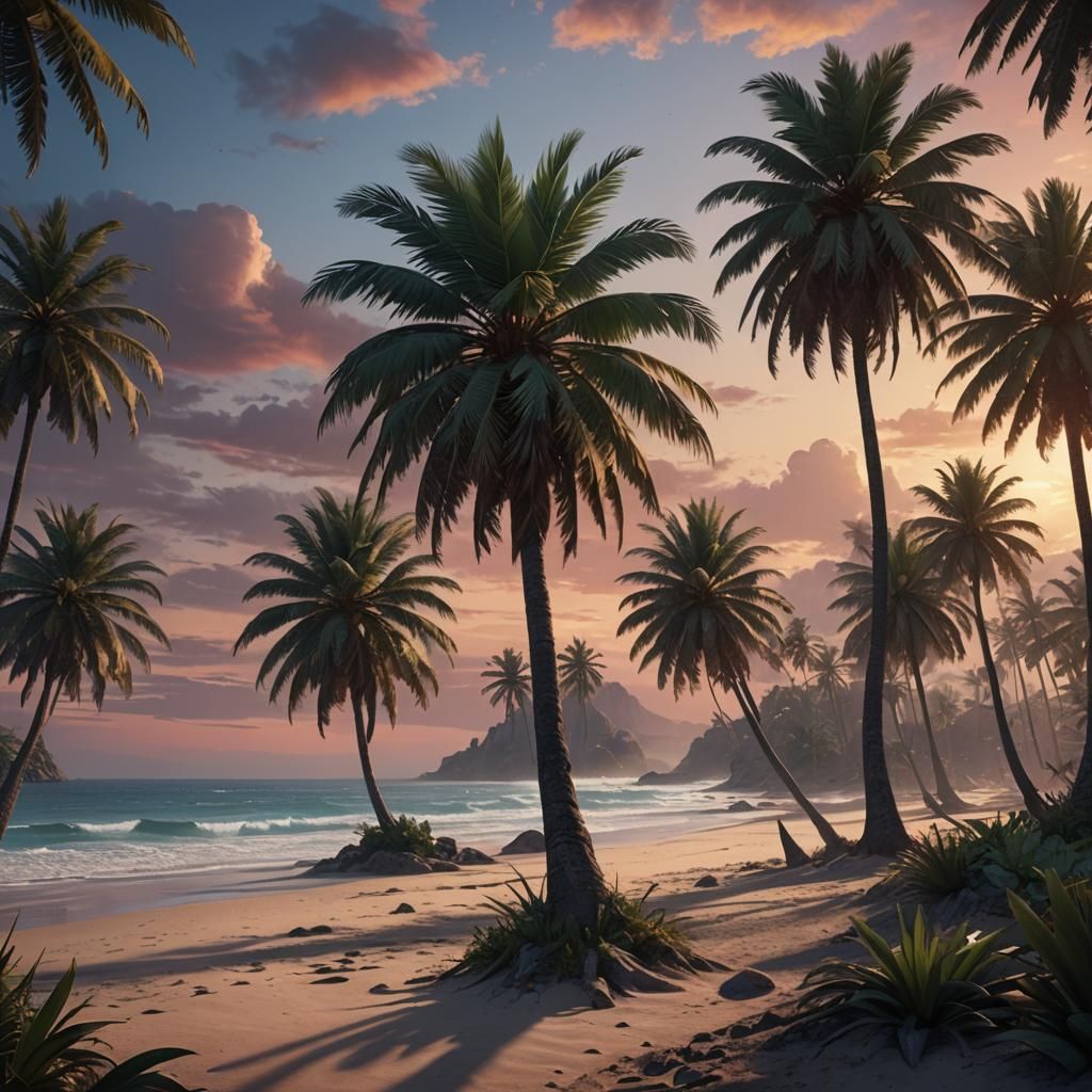 Dawn Beach Palms: Detailed Matte Painting