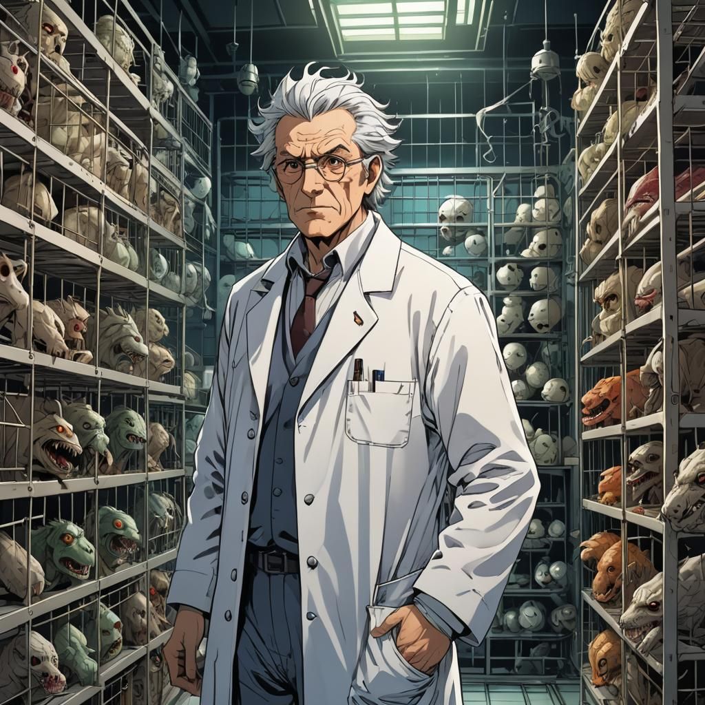 Mad Scientist in Manga Style Lab with Monsters