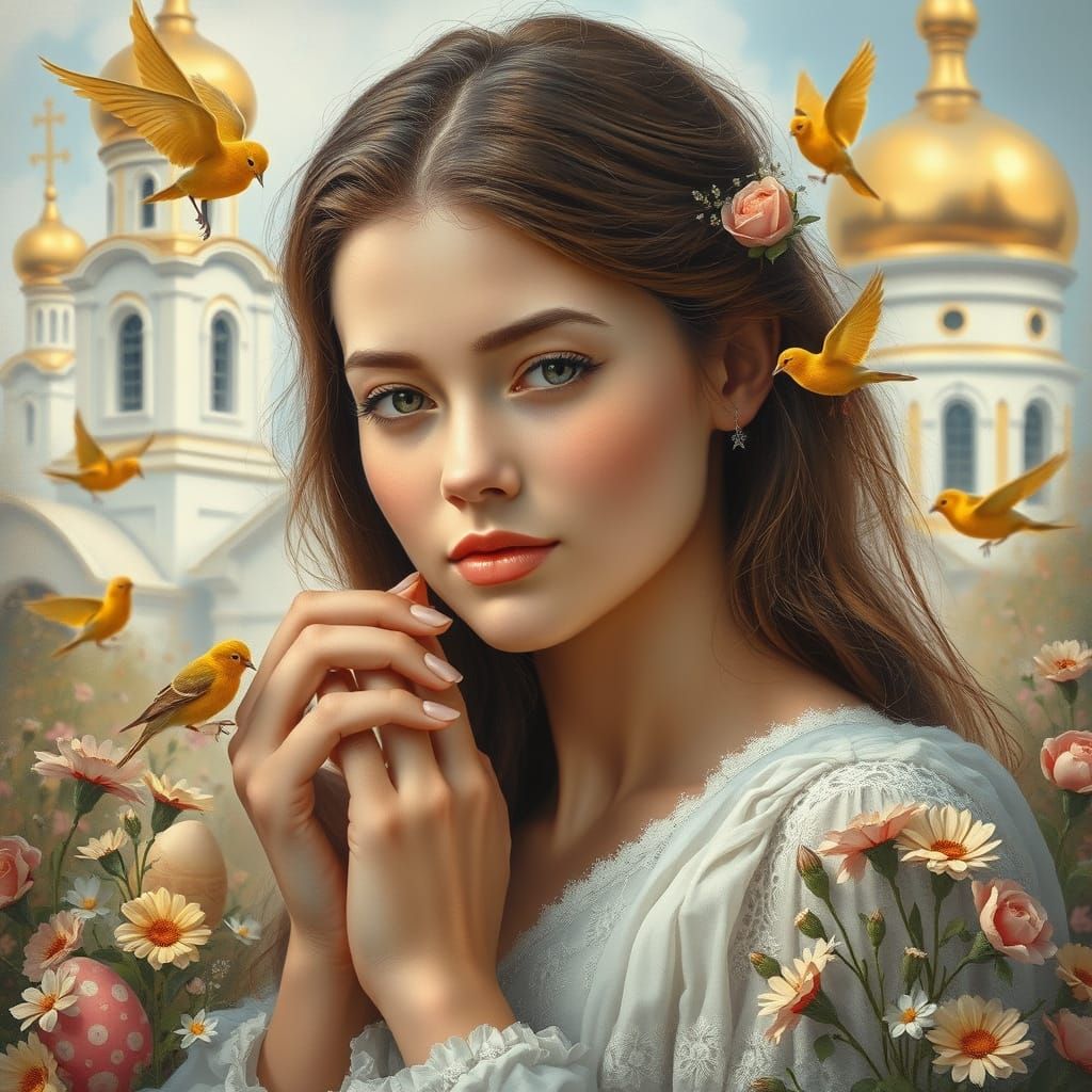 A Tender Woman in a Vibrant Springtime Scene