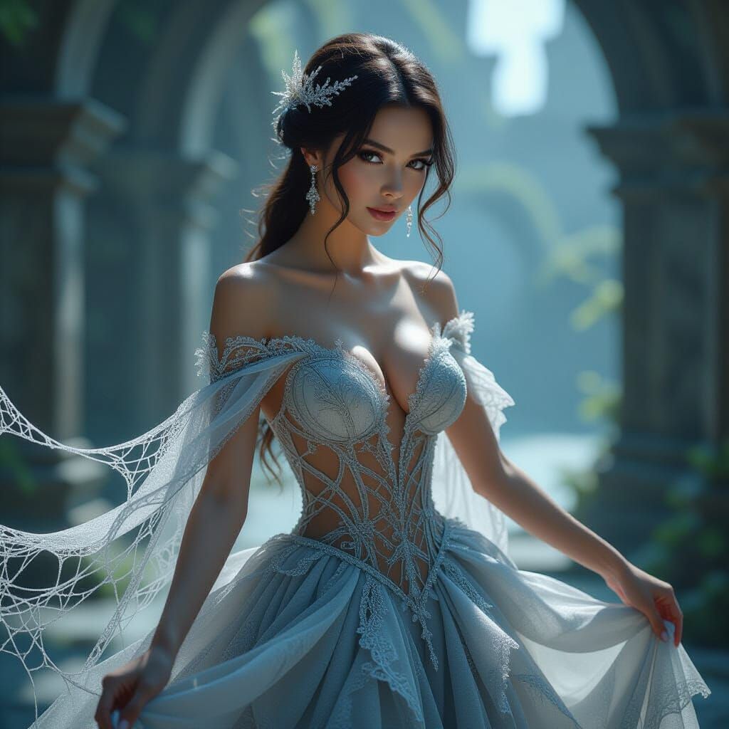 Fantastical Woman in Intricate Spiderweb Dress