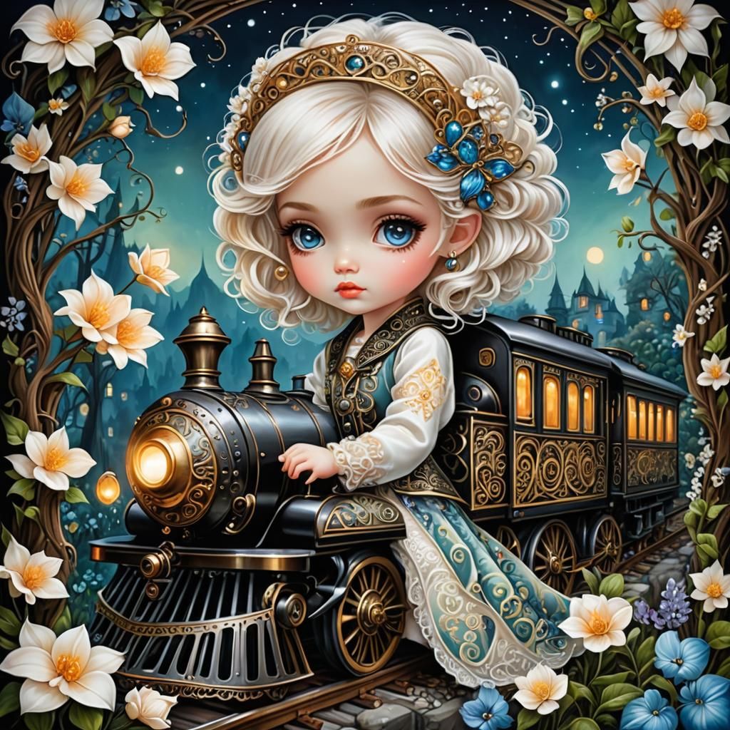 Glowing Train in Zentangle Diamond Painting Style