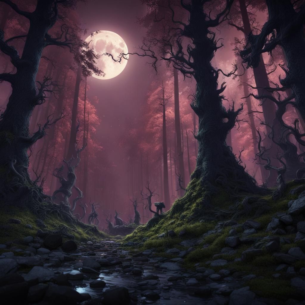 Living Shadows in Dark Forest, Detailed Matte Painting