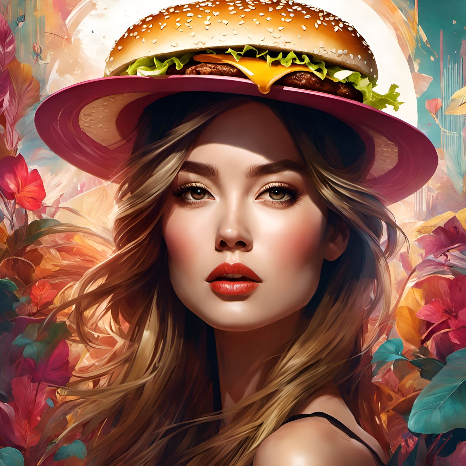 Woman in Hamburger Hat Portrait