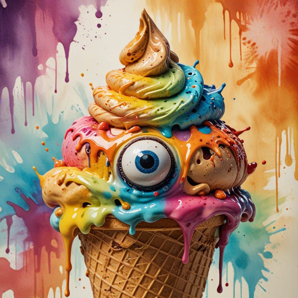 Grotesque Monster Ice Cream Cone in Ink and Watercolor