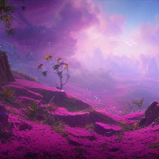 Pink Flowers Falling in Purple Sky, Fantasy Art