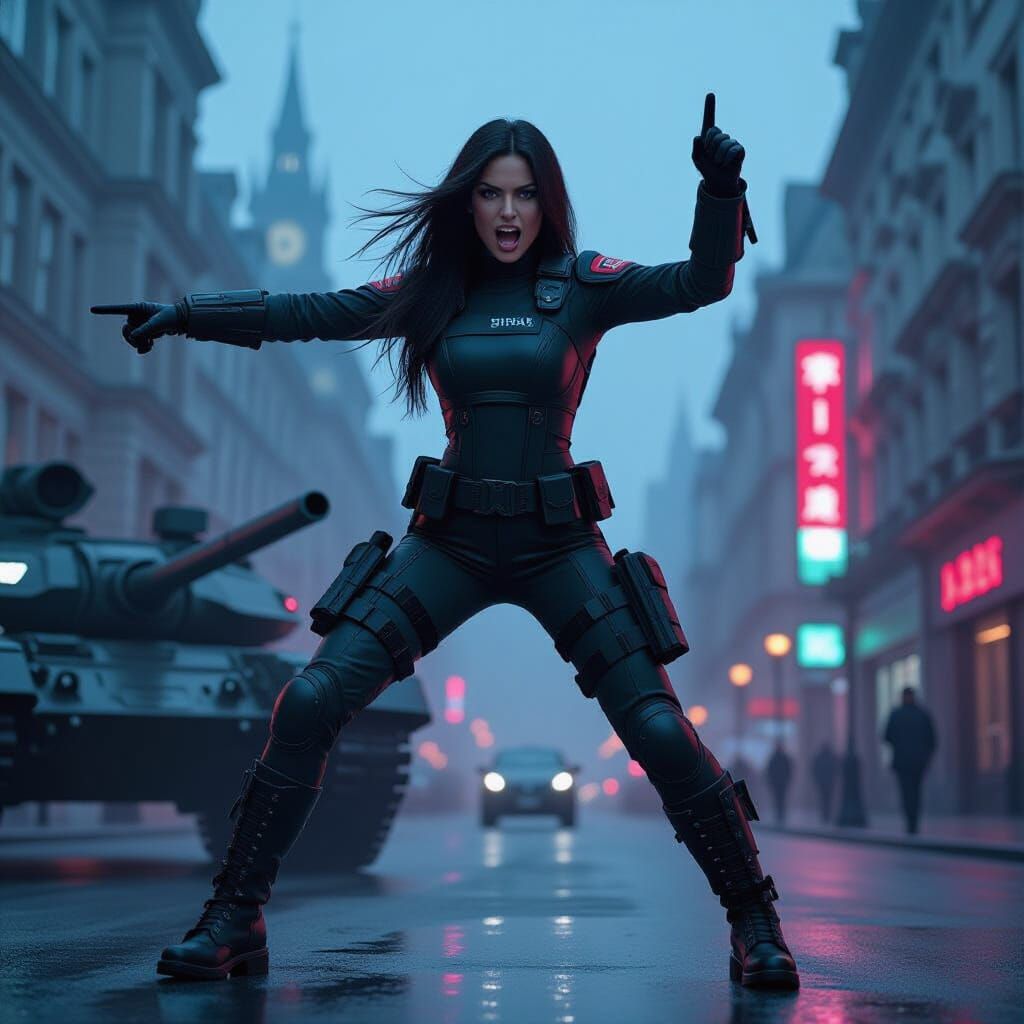 Futuristic Woman in Cyberpunk London Cityscape