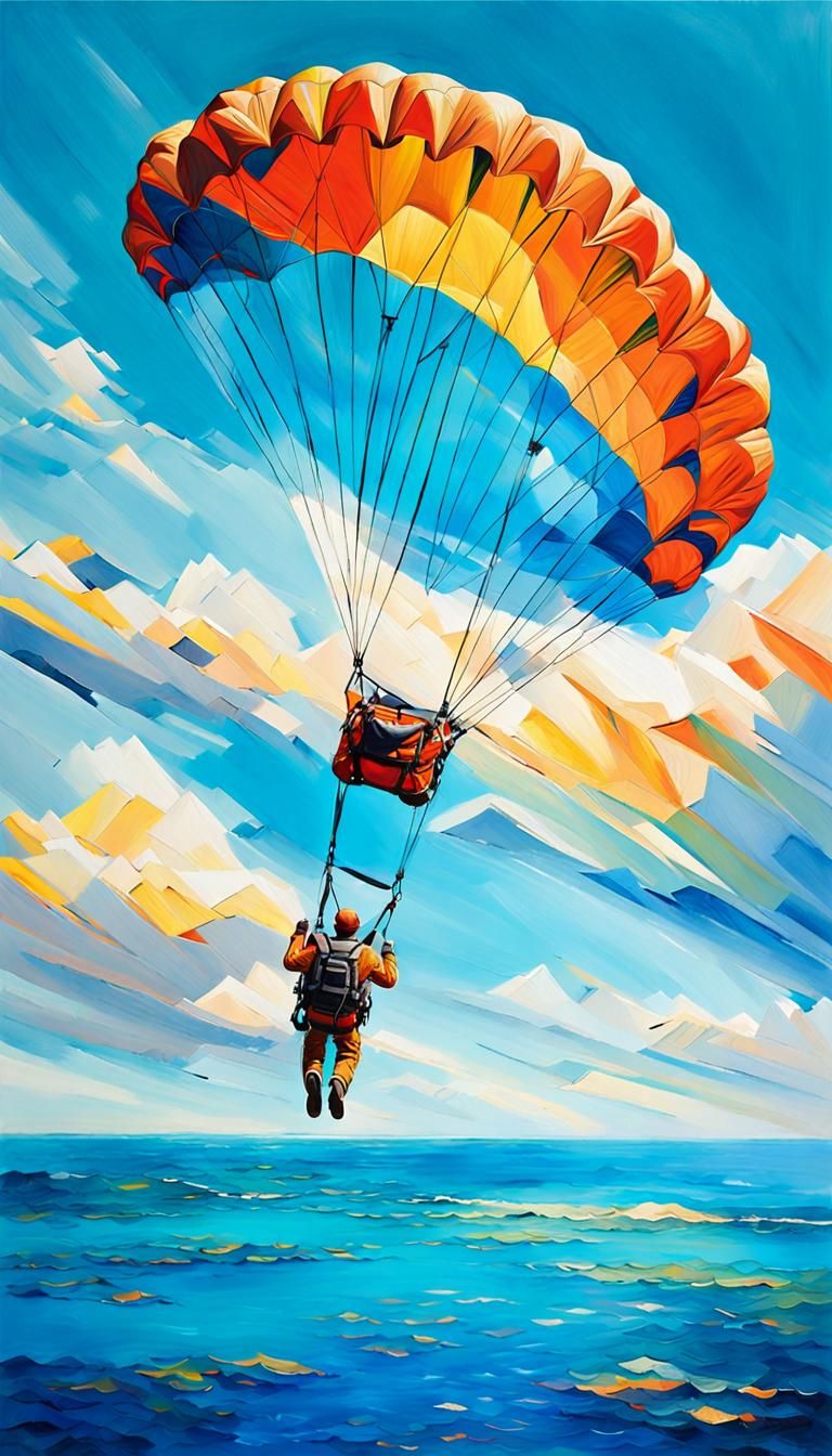 Parasailing Adventure: Vivid Oil Painting in Triadic Colors