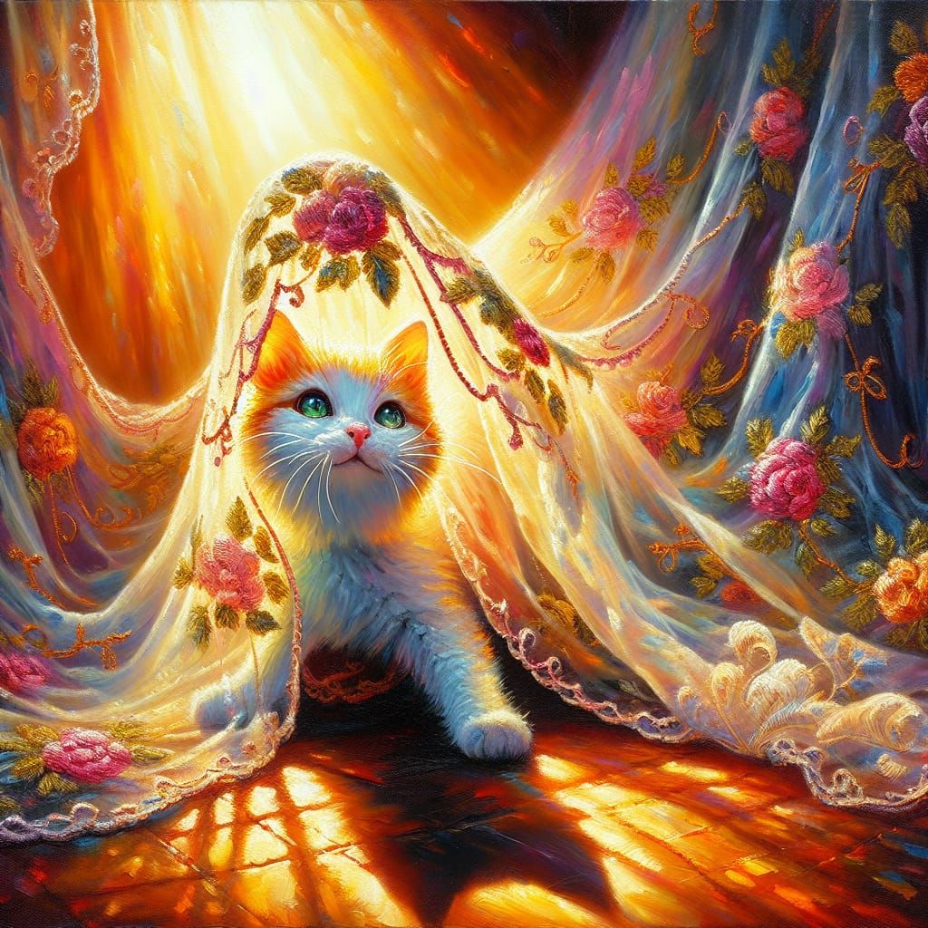 Cat's Whimsical Play With Embroidered Curtain, Oil Painting