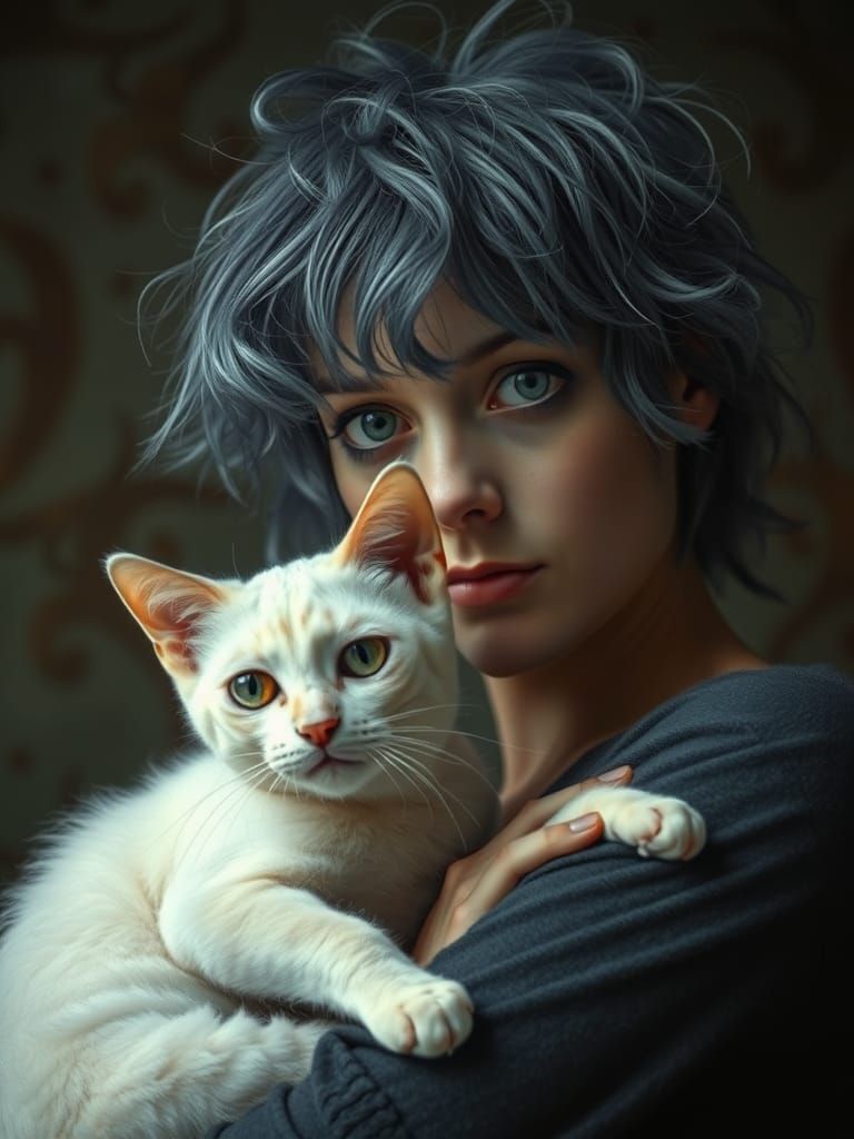 Mysterious Woman in Dreamlike State Holding Ghostly Cat