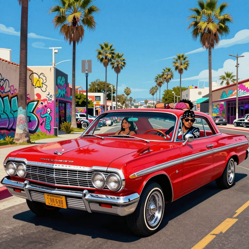 Cholo Couple Cruising in Candy-Apple Red Lowrider