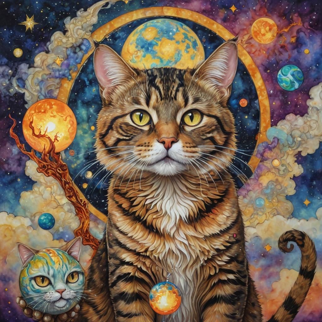 Magical Tabby Cat with Orb in Surreal Starry Sky