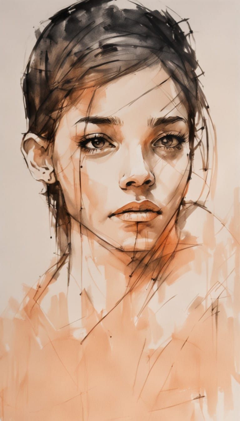 Girl Portrait in Expressive Line Art Style