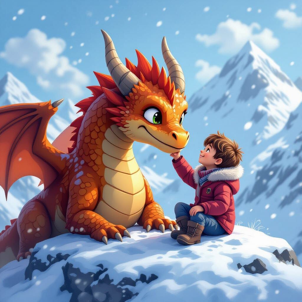 Friendship between dragon and boy, dragon slightly grown-up version.