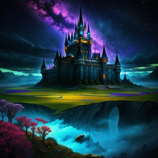 Psychedelic Fantasy Castle in Cinematic Landscape