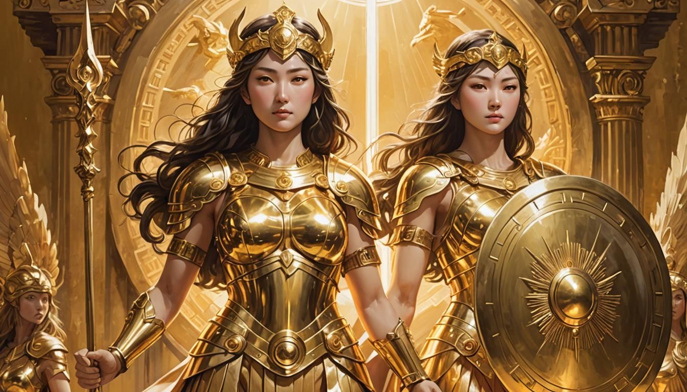 "Depict the beautiful goddess Athena, Saori Kido, donning he...