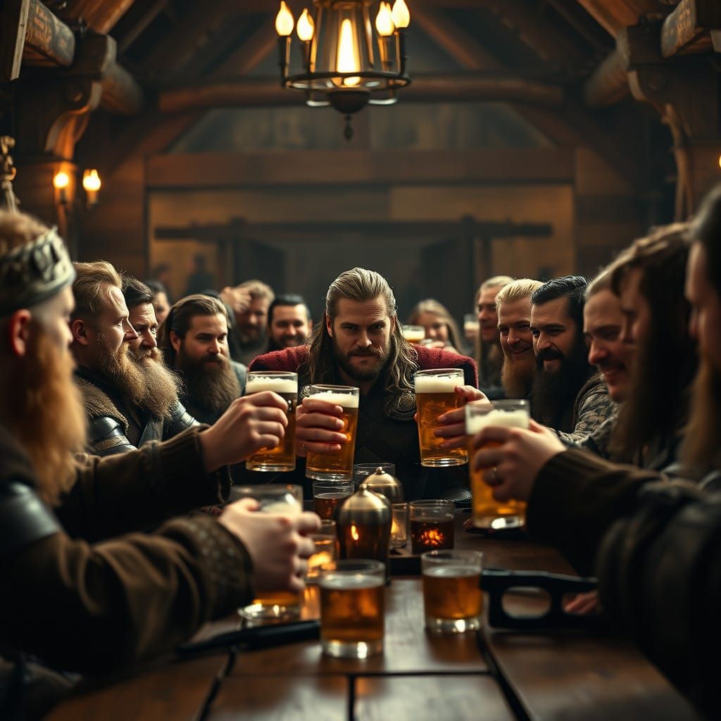 Charming Scene of Thor and Happy Vikings Enjoying Ale in a V...