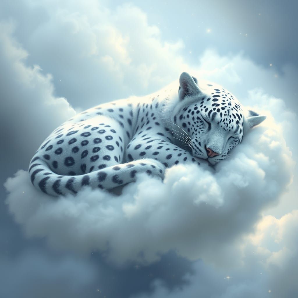 Surreal Snow Leopard Slumbers on Celestial Clouds in Dreamy ...