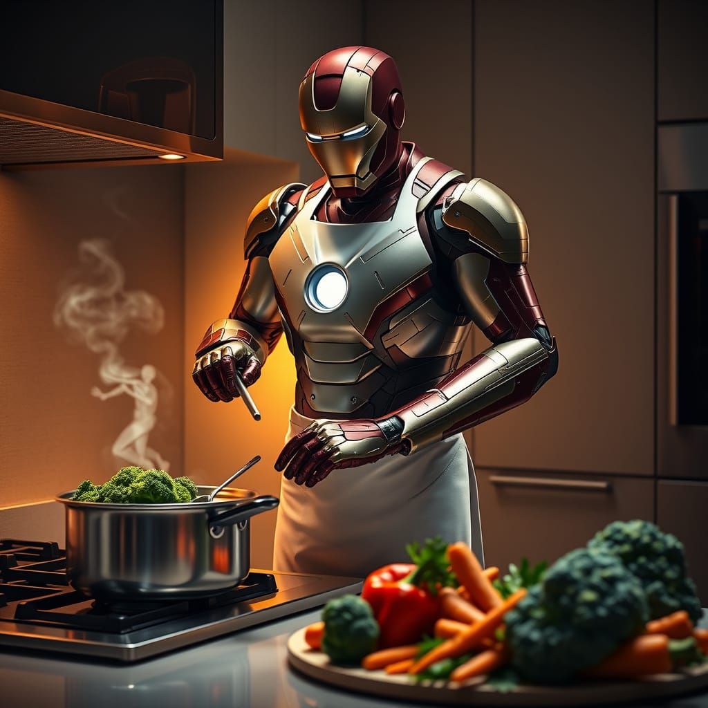 Iron Man Prepares Gourmet Meal in High-Tech Kitchen
