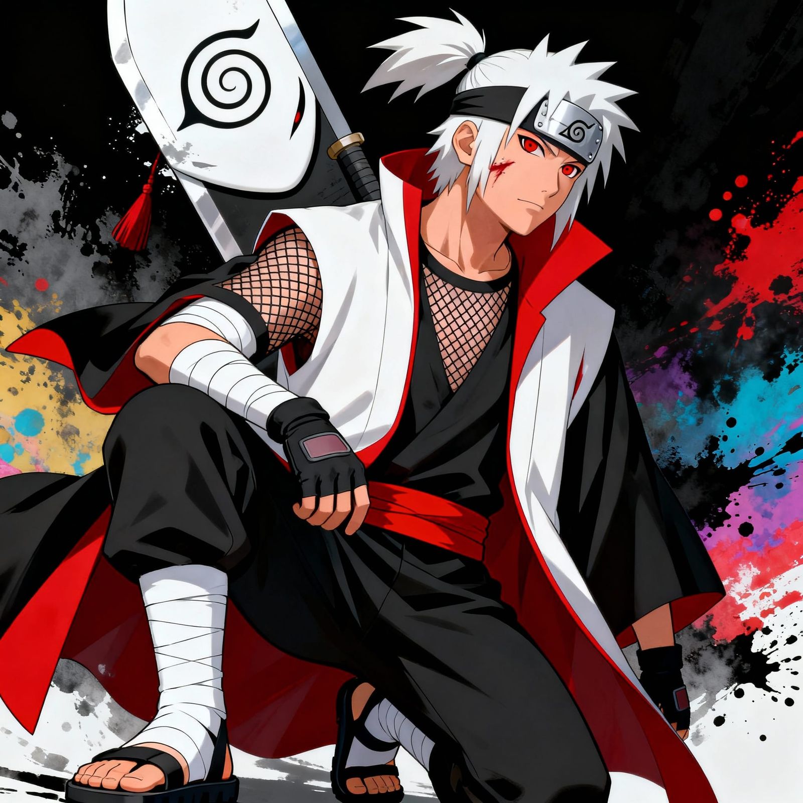 White Haired Ninja with Sharingan Eyes and Sword