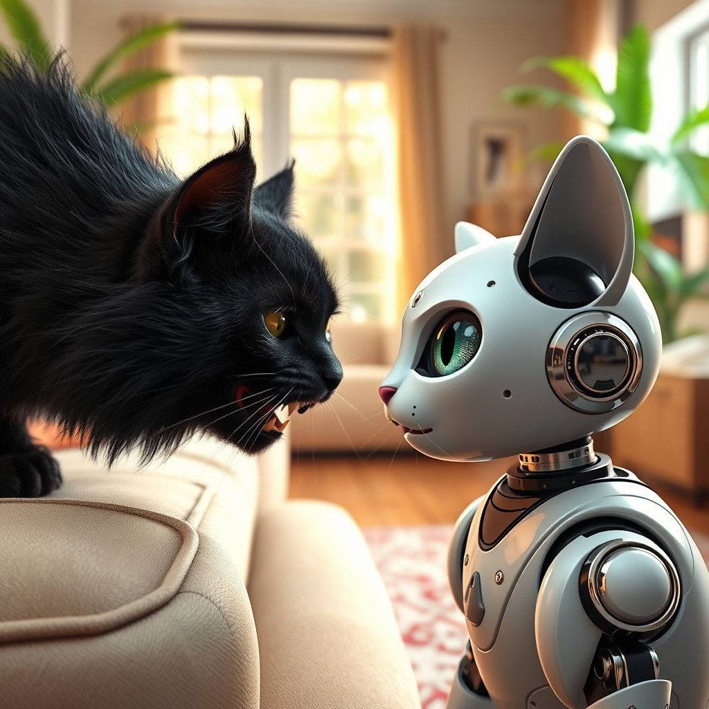 Cat and Robot Encounter in Warmly Lit Room
