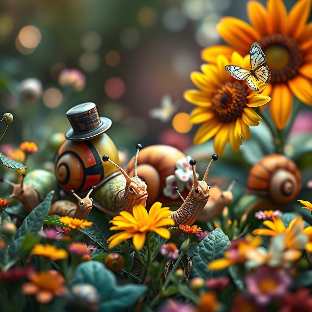 Whimsical Garden Scene with Colorful Snails and Vibrant Flow...