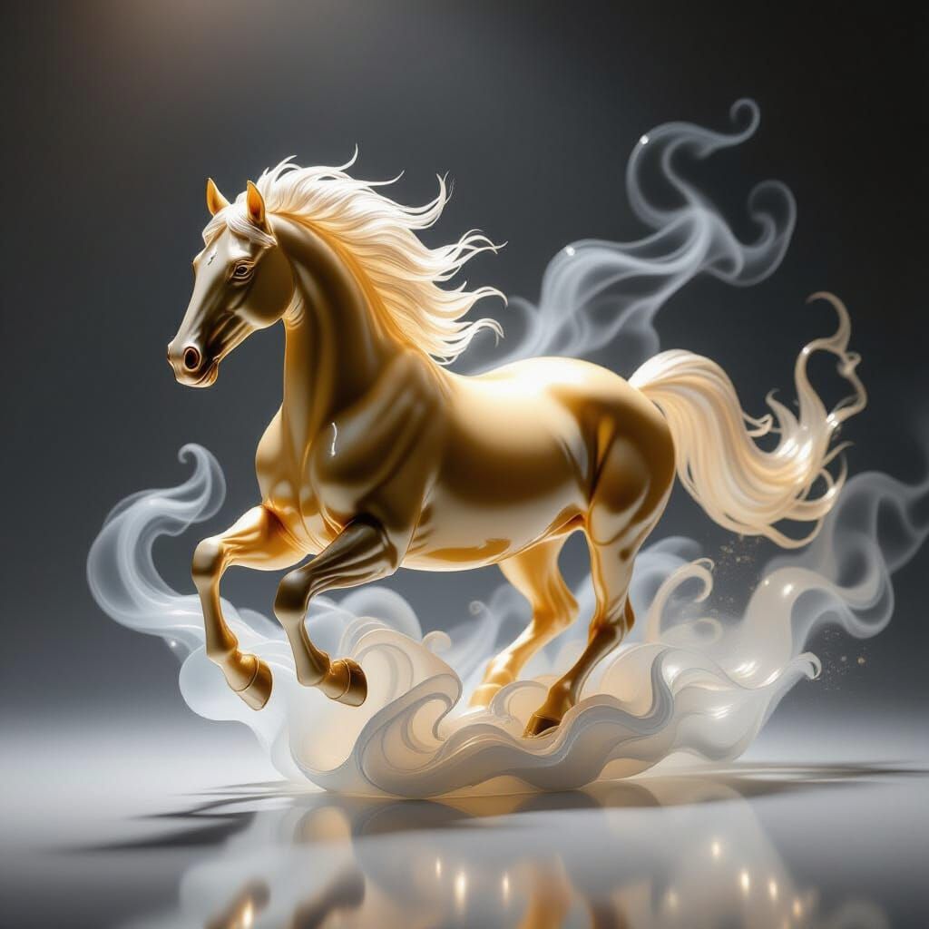 Golden Glass Horse Gallops Amidst Ethereal Smoke