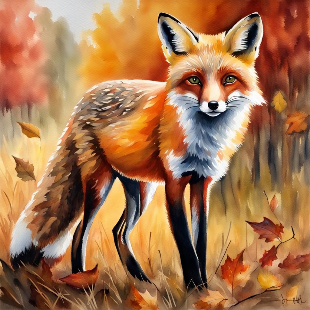 Fox in Autumn: Oil and Watercolour Painting