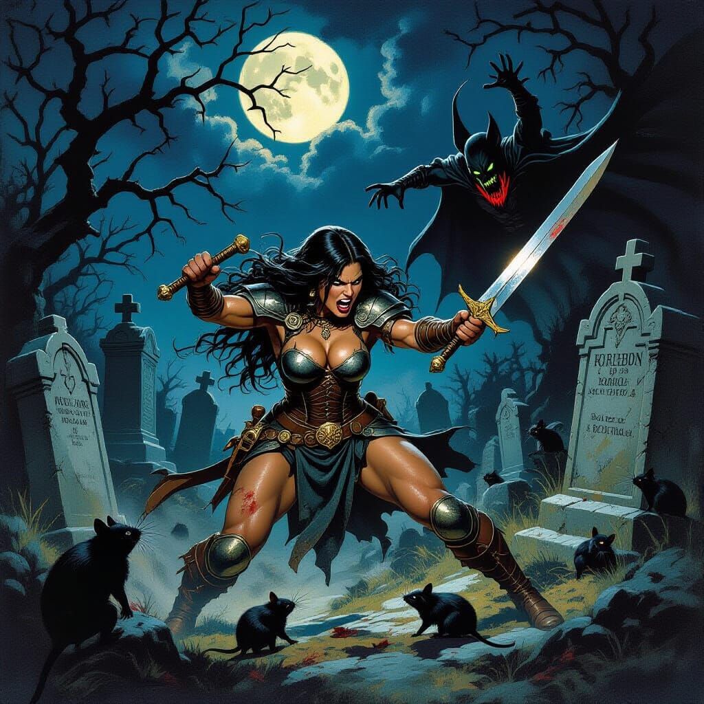 Barbarian Woman Fights Vampire Lord in Gothic Graveyard