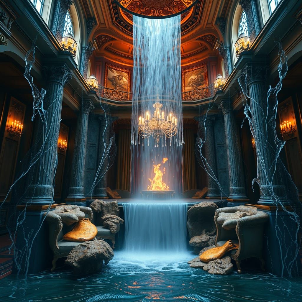 Majestic Waterfall Inside Opulent House Concept Art