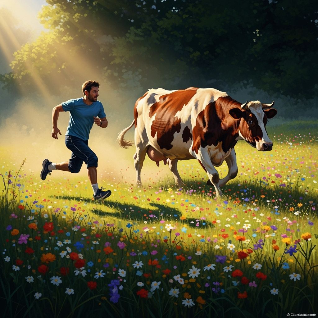 Man Running through a field of flowers, being chased by a co...