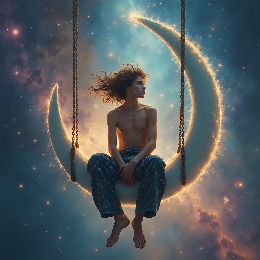 Starlight Haired Man on Moon Swing in Nebula