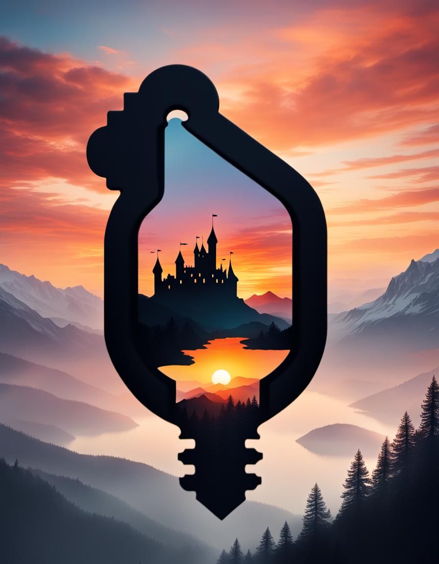 Sunset Castle Key: Double Exposure Silhouette