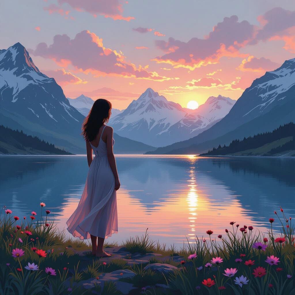 Woman by Lake with Mountains: Digital Art
