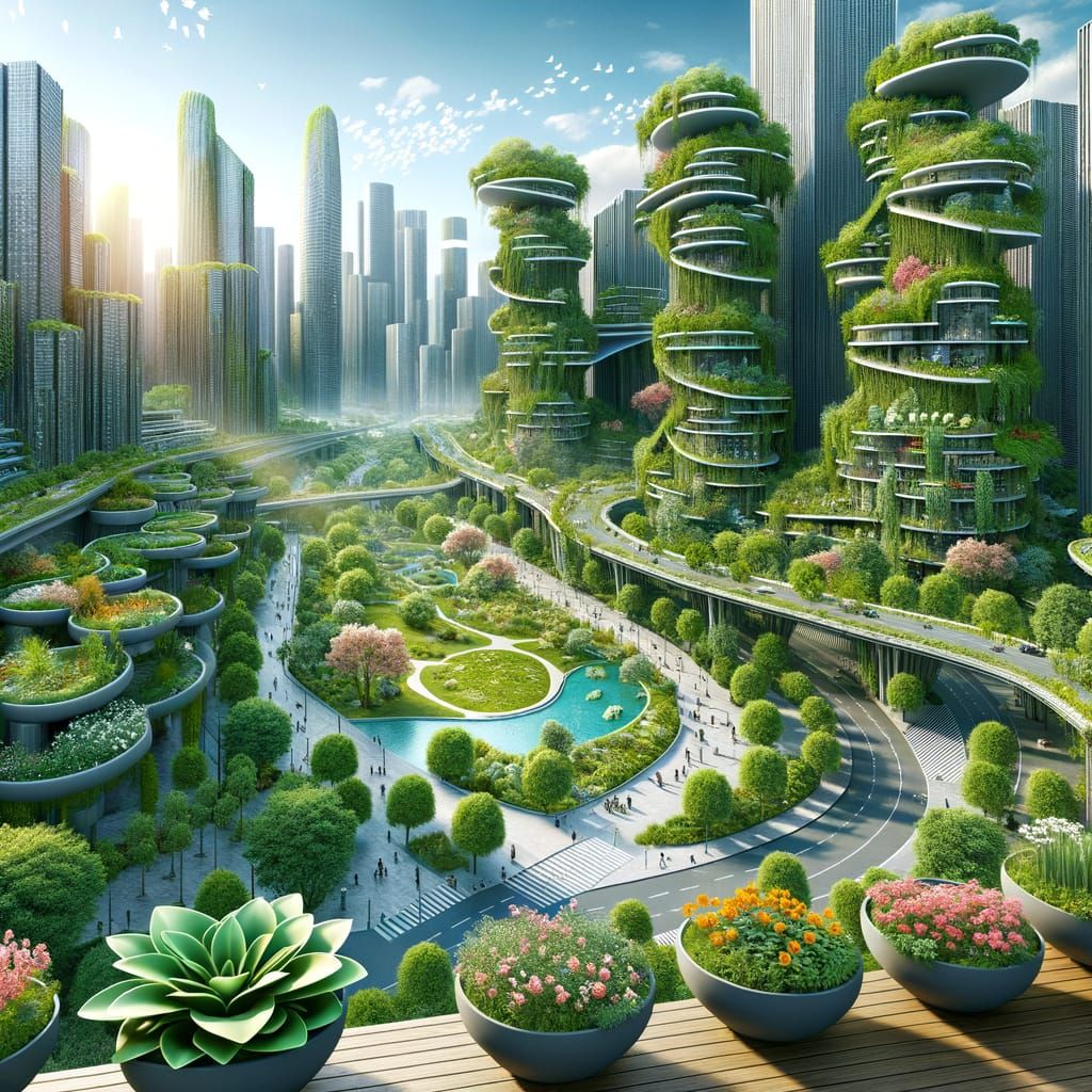 Futuristic Urban Park with Organic Design and Petal Flower P...