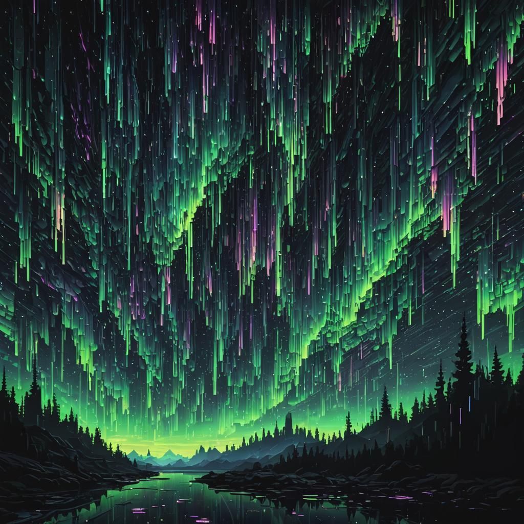 Glitch Auroras over Pixel Art Landscape