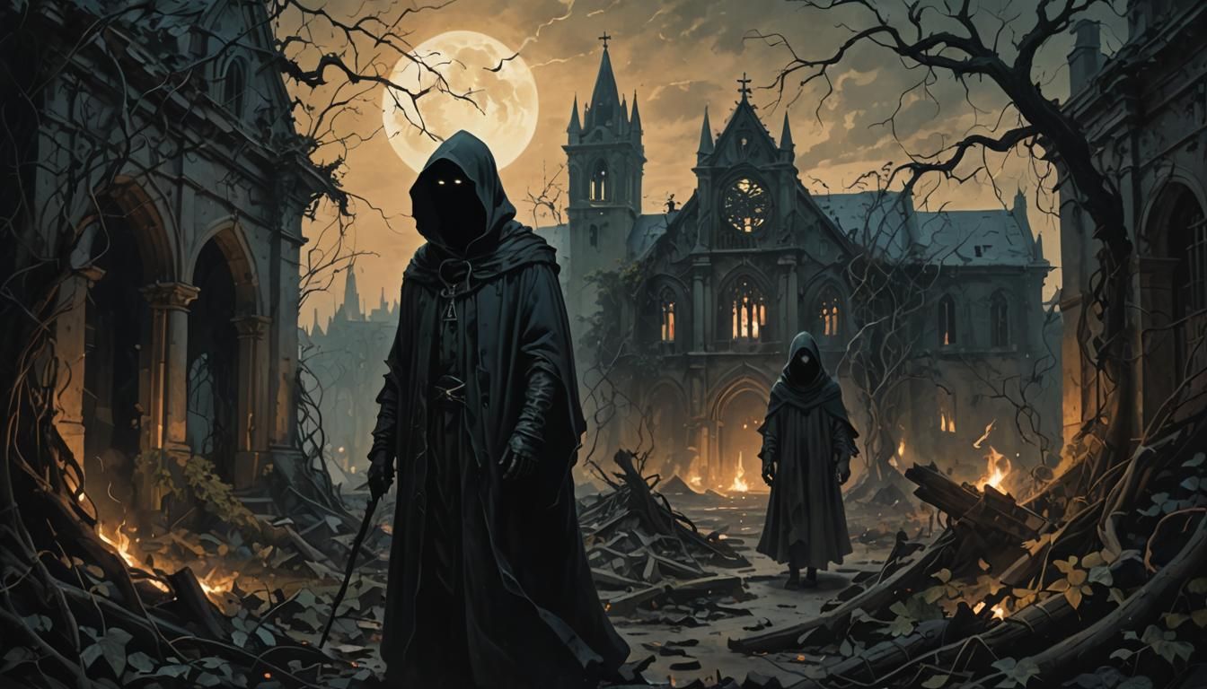 Ethereal Figure in Ruined Gothic Landscape