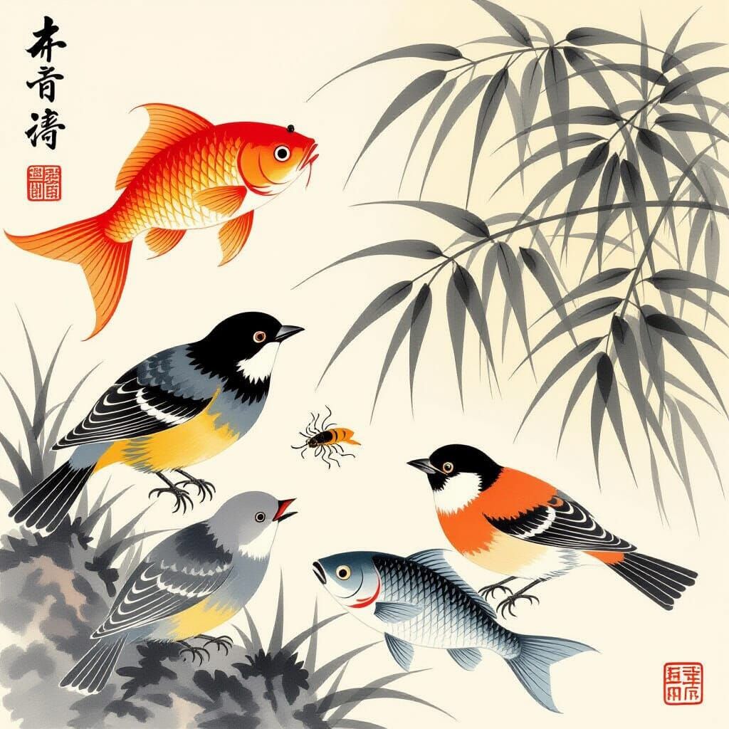 Chinese Flower-Bird Painting with Exaggerated Animals