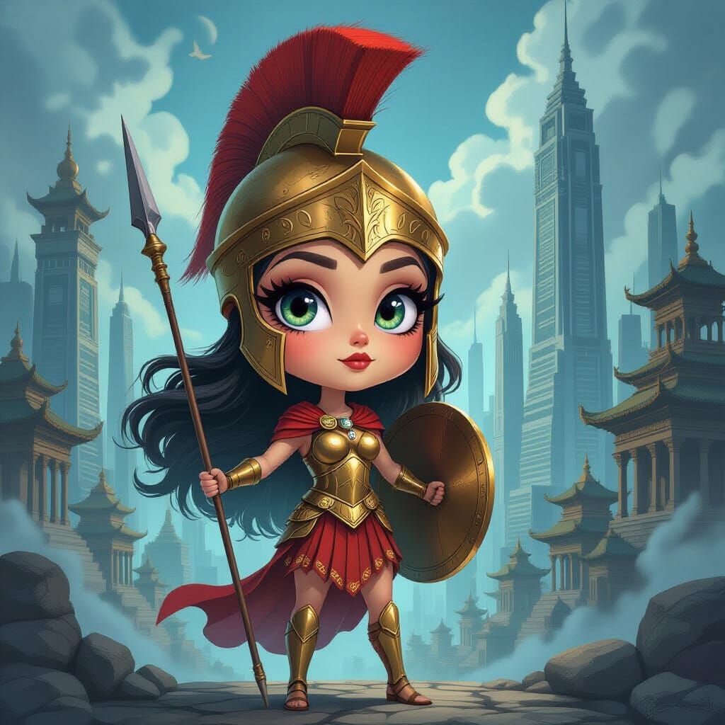 Exaggerated Athena Caricature in Futuristic Cityscape