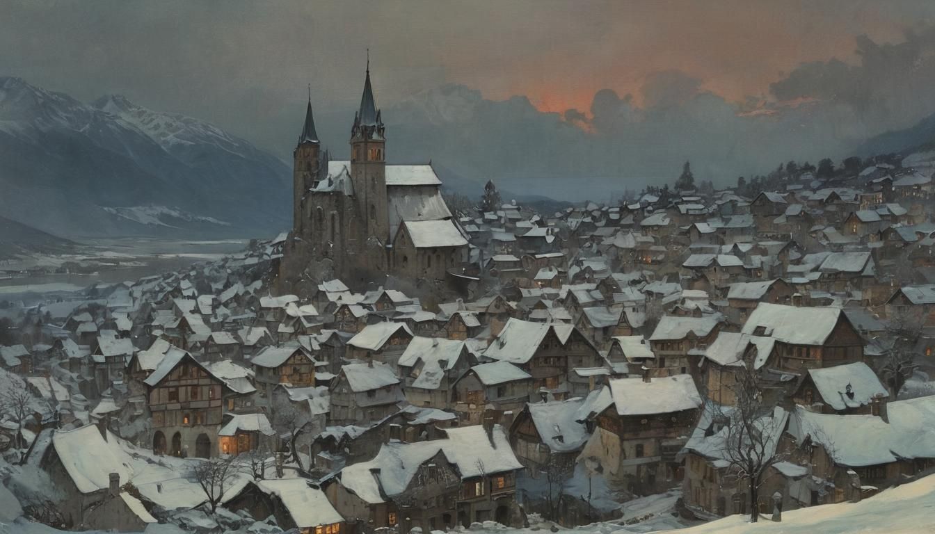 Snowy Alpine Village at Twilight, Mystical Masterpiece