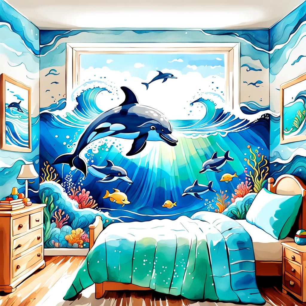 Cartoon Dolphin Mural in Children's Room