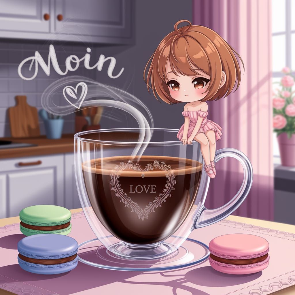 Charming Anime Girl Sips Coffee in Morning Light