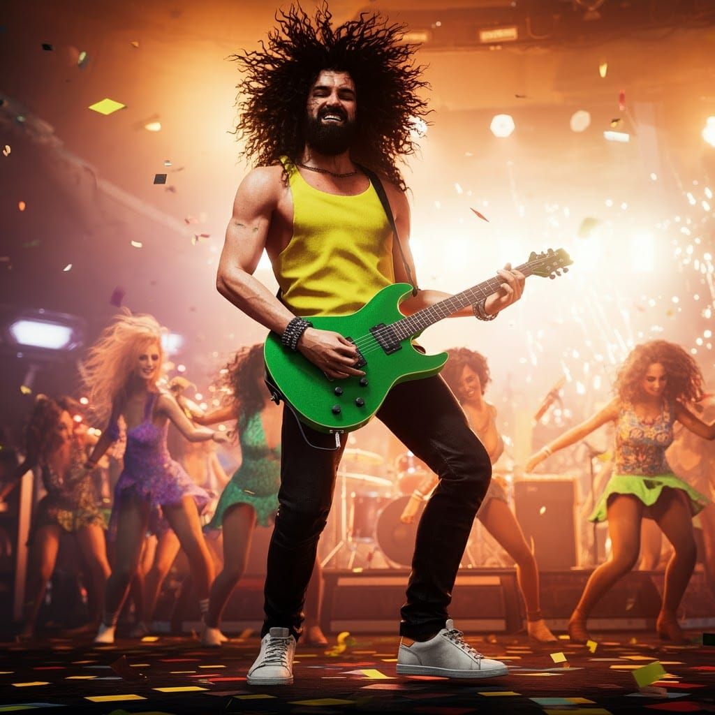 Rocker Shredding Green Guitar on Stage, High-Fidelity Render