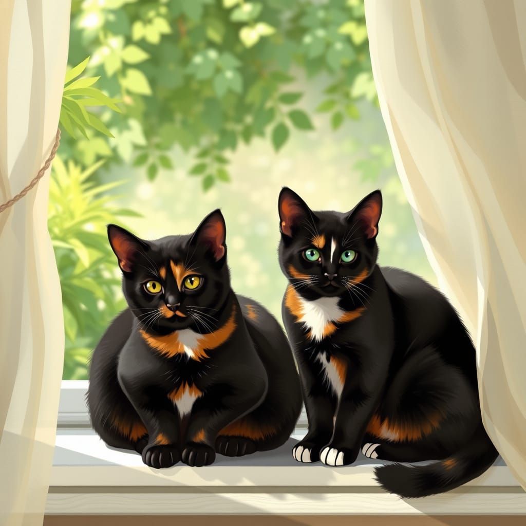 Whimsical Calico Cats Adorn a Sunlit Windowsill