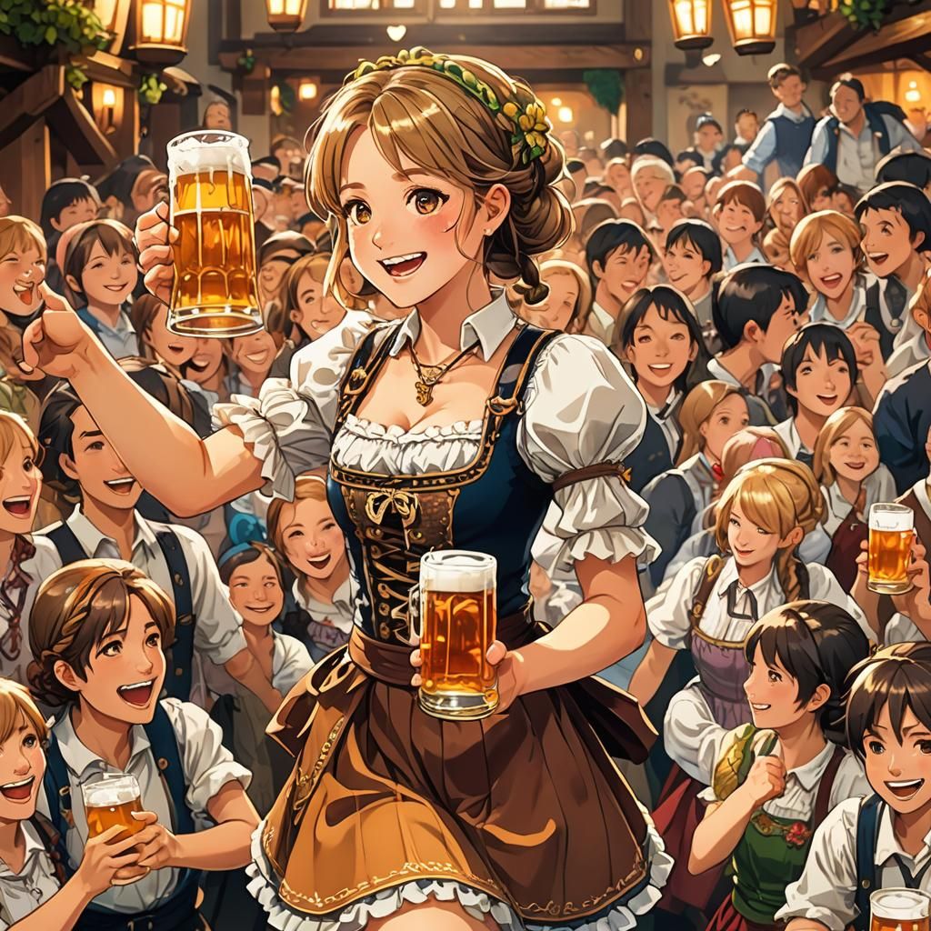 Oktoberfest Girl Dancing with Beer Stein in Anime Art